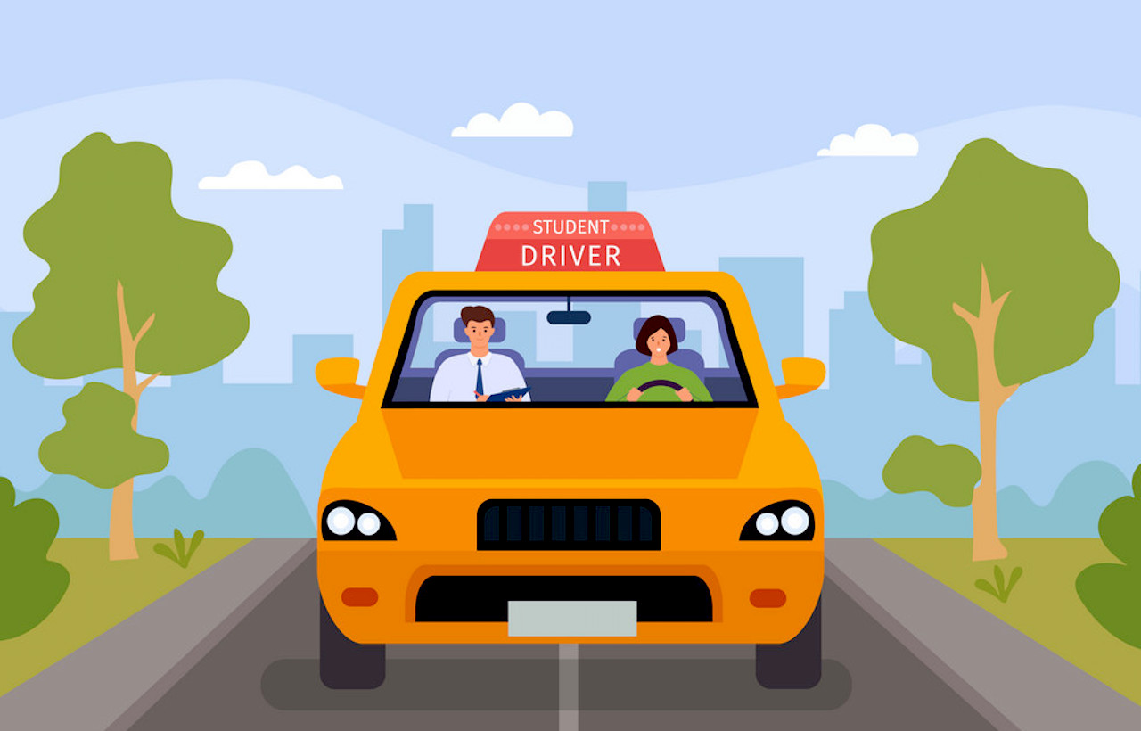 Driving school lesson. Cartoon instructor and female student drive car on road. Teacher tests woman for driver license, flat vector concept. Illustration driver teacher, instructor education